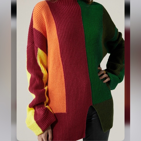 Color Block Turtleneck Urban Long Sleeve Sweater - Picture 6 of 13